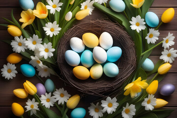 Fototapeta na wymiar Colorful Easter eggs in a nest with spring flowers on a wooden background