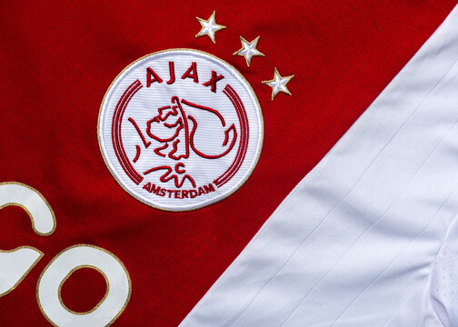 Closeup of AFC Ajax Amsterdam Football Club crest on the sports shirt