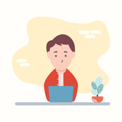 Fototapeta na wymiar Man at desktop working with laptop Corporate worker Freelancer or office worker. Vector illustration in simple concept flat style