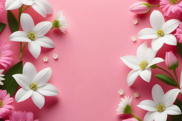 Fototapeta na wymiar Pink and white flowers on a pink background. Isolated on a pink background.