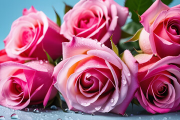 Beautiful Pink Roses with Water Drops on Blue Background for Various Uses