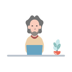 Man at desktop working with laptop Corporate worker Freelancer or office worker. Vector illustration in simple concept flat style