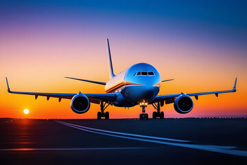 Fototapeta na wymiar Airplane on runway at sunset with beautiful sky in the background.