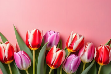 Striking Multicolor Tulip Flowers With Stems On Pink Background, Closeup, Isolated