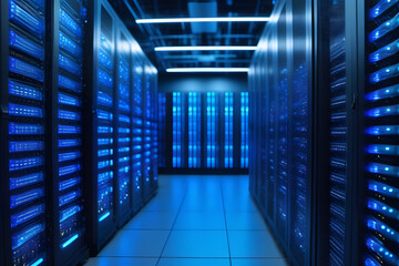 Blue Glowing Server Racks in a Data Center with Bright Lights on the Ceiling