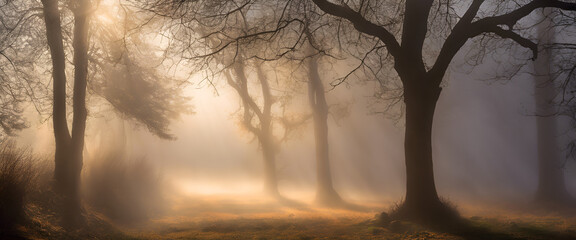 Morning Fog Elegance: Captivating Image of Sunshine Piercing Through Foggy Ambiance.