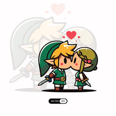 [ MEIJICRAFT ] Cute Zelda With Blade and Shield Mascot Kissing Valentine Icon Illustration