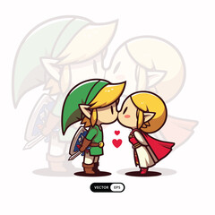 [ MEIJICRAFT ] Cute Zelda With Blade and Shield Mascot Kissing Valentine Icon Illustration