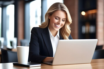 Confident Businesswoman Working on Laptop in Modern Office, Successful Entrepreneur Concept
