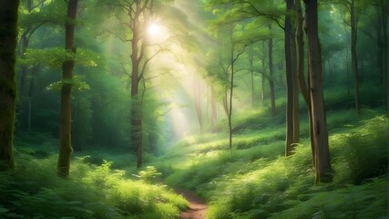 Lush, emerald green forest under soft sunlight filtering through leaves