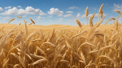 A golden wheat field swaying gently in the breeze beneath a clear blue sky