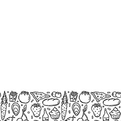 Fototapeta premium Doodle food background. Food frame illustration