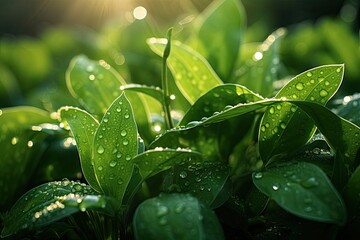 Fototapeta na wymiar Sun-kissed dew drops on lush foliage, close-up of leaves and grass with natural illumination