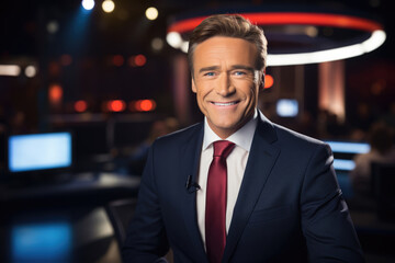 Fototapeta premium Male news presenter in broadcasting tv studio
