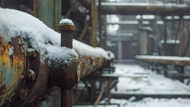 Snow falling from the rusted pipes of an old rusty blast furnace.Close-up