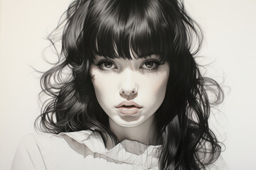 Fototapeta premium Beautiful young woman in black and white drawing style