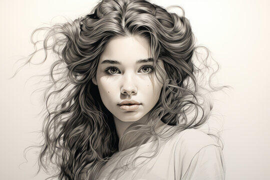 Beautiful girl with long hair in black and white style drawing