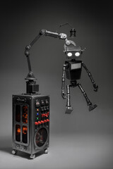 Humanoid robot on a dark background. Concept of the future of artificial intelligence and the fourth industrial revolution.