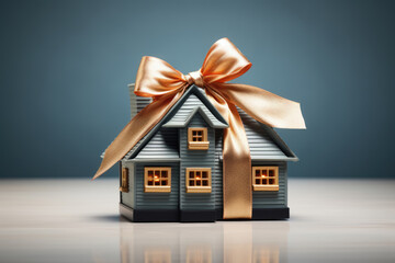 House as a gift tied with a ribbon with a bow - obrazy, fototapety, plakaty
