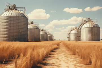 Elevator for storing cereals, granary in the field - obrazy, fototapety, plakaty
