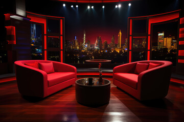 Empty TV studio talk show with sofa - obrazy, fototapety, plakaty