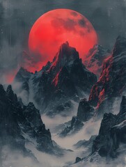 snowy mountains with red sun, poster background