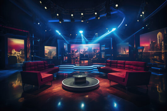 Empty TV studio talk show with sofa