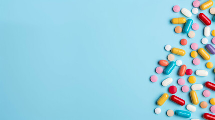 Colorful Pills and Capsules on a Blue Background. Health, pharmacy, medication theme - obrazy, fototapety, plakaty