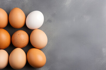 Chicken eggs on a gray background. Copy space for text