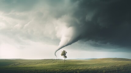 This surreal image depicts a lone tree against the powerful backdrop of an approaching tornado on the plains, evoking themes of resilience and the formidable power of weather.
