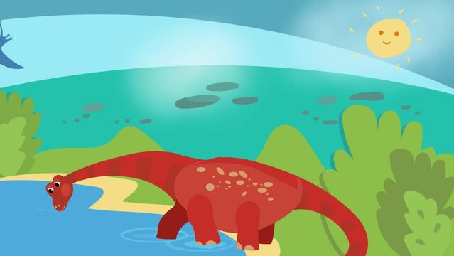 Cute cartoon flat dinosaur Diplodocus drinking water from lake. Pteranodon flying. Prehistoric times of dinosaurs. Full colour animation, video for design.