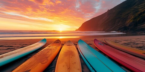 Surfboards at sunset. - obrazy, fototapety, plakaty