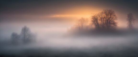 Fototapeta na wymiar Elegant Foggy Morning: Enchanting Scene as Sunlight Breaks Through Misty Atmosphere.