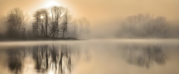 Fototapeta premium Elegant Foggy Morning: Enchanting Scene as Sunlight Breaks Through Misty Atmosphere.