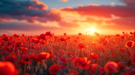 Beautiful field of poppy flowers at dawn - obrazy, fototapety, plakaty
