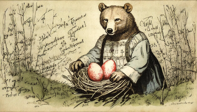 Vintage Ostern Postkarte, Braunbär mit Osternest