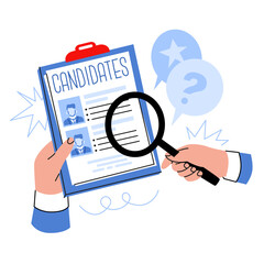 Searching for information about election candidates. Selecting a suitable employee for the position. Studying a resume to select a specialist. Vector illustration isolated on transparent background.