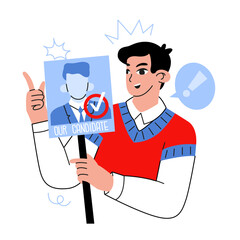 A man campaigns to vote for his candidate. Political elections. The people rule the state. Vector illustration isolated on transparent background.
