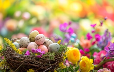 Easter background with decorated eggs in a nest surrounded by spring flowers
