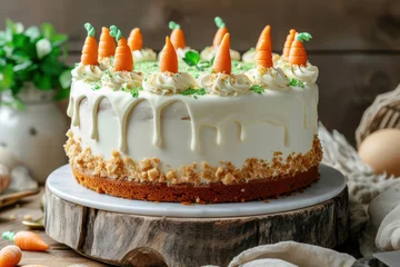 Fotobehang Easter cake with cream and mini marzipan carrots © Slepitssskaya