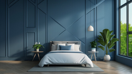 Clean Lines, Bold Patterns: A Journey into a Minimalist Blue Bedroom