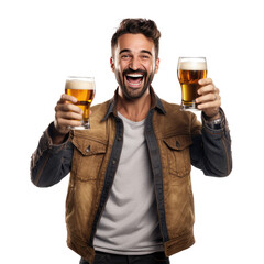man hold beer isolated on white