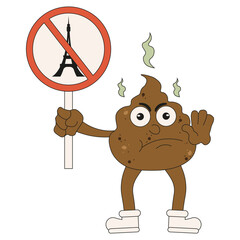 Farmers protest in France. Pile manure holds sign banning entry to Paris. Cartoon droppings character in trendy Groovy style isolated white. Vector illustration can used web. Editable stroke EPS 10 