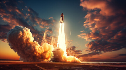 a space shuttle launches from the sky with bright swish - obrazy, fototapety, plakaty