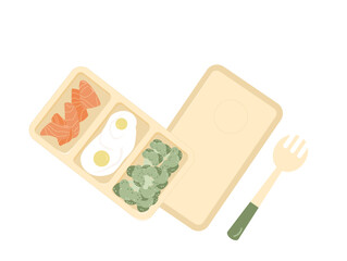 Lunchbox healthy food with cutlery. Tableware diet bento box. Plate sector salmon broccoli and eggs with fork. Vector flat illustration.