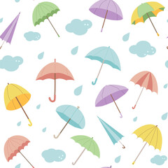 Rainy weather seamless pattern. Umbrellas clouds and waters drops endless background. Autumn and spring cover. Vector flat illustration