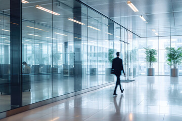 Fototapeta na wymiar blurry worker walking near glass partitions in the office building