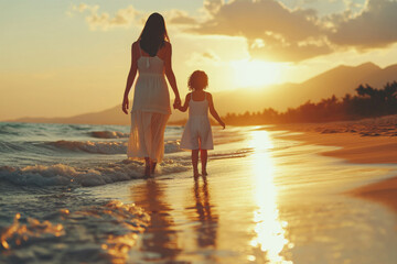 Mother and her daughter, enjoying walk along beach, sunset - Powered by Adobe