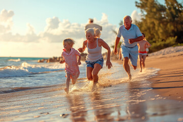 Grandparents run along the beach with their grandchildren on summer vacation