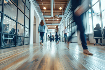 Group of employees walking at office open space at coworking center. People at motion blur